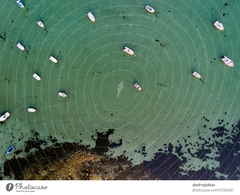 View of sailing and motor boats in a bay in Brittany IV Long shot Bird's-eye view Deep depth of field Contrast Shadow Light Copy Space top Copy Space bottom