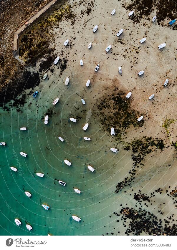 View of sailing and motor boats in a bay in Brittany I Long shot Bird's-eye view Deep depth of field Contrast Shadow Light Copy Space top Copy Space bottom