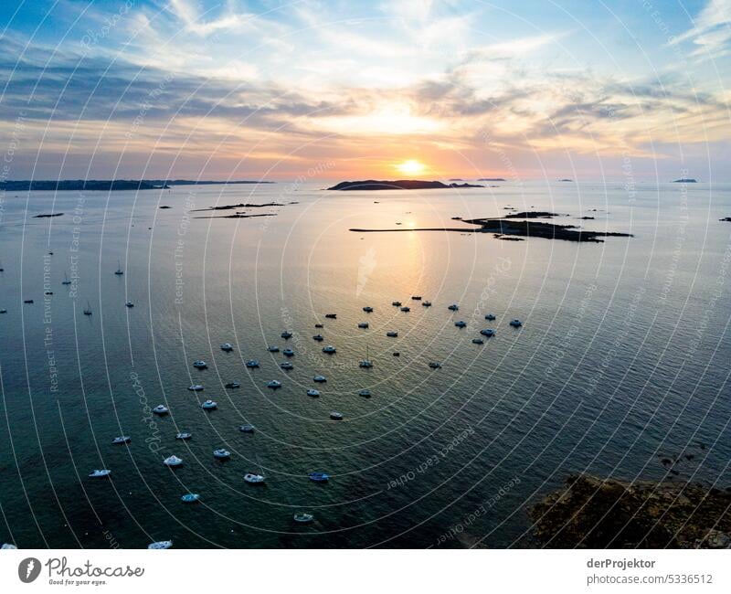 View of sailing and motor boats with offshore islands in Brittany II Long shot Bird's-eye view Deep depth of field Contrast Shadow Light Copy Space top