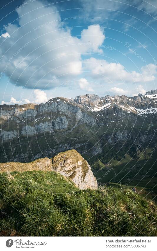 Mountains at dusk Rock Switzerland appenzellerland Stone Hiking touristic Exterior shot Tourism Colour photo Alpstein Nature Sun Grass tourist region mountains