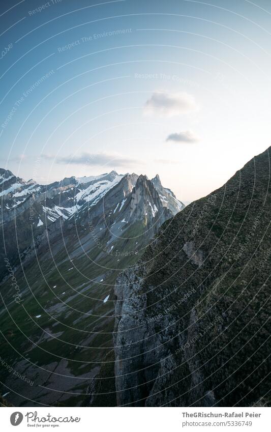 Mountains at dusk Rock Switzerland appenzellerland Stone Hiking touristic Exterior shot Tourism Colour photo Alpstein Nature Sun Grass tourist region mountains