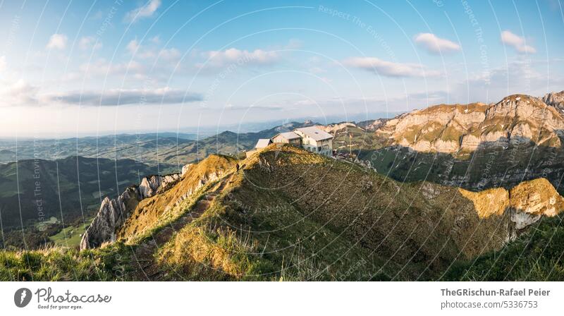 Mountains at dusk Rock Switzerland appenzellerland Stone Hiking touristic Exterior shot Tourism Colour photo Alpstein Nature Sun Grass tourist region mountains