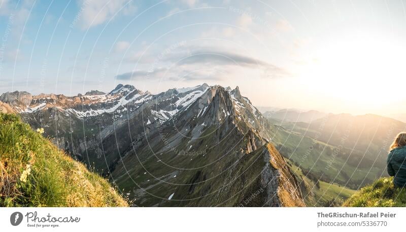 Bergen in sunset Rock Switzerland appenzellerland Stone Hiking touristic Exterior shot Tourism Mountain Colour photo Alpstein Nature Sun Grass tourist region