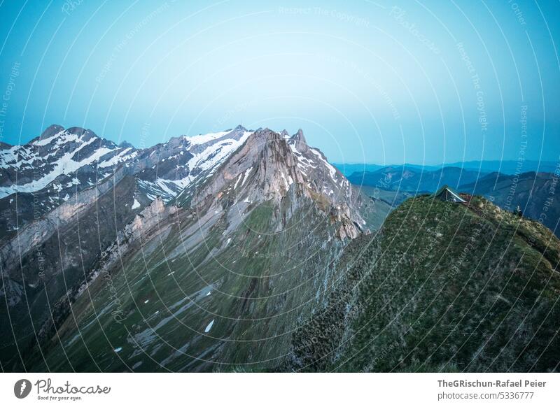 Mountains just before sunrise with tent on hilltop Rock Switzerland appenzellerland Stone Hiking touristic Exterior shot Tourism Colour photo Alpstein Nature