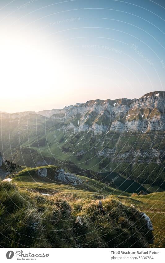 Mountains shortly after sunrise with lake Ebenalpsee Rock Switzerland appenzellerland Stone Hiking touristic Exterior shot Tourism Colour photo Alpstein Nature