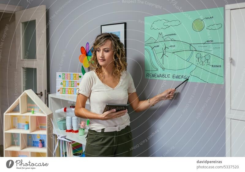 Teacher explaining types of renewable energies in poster at ecology classroom female teacher showing energy panel education school portrait lesson ecologic