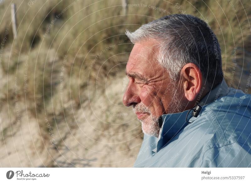 Enjoy the spring sun Man Human being Senior citizen masculine Masculine portrait Head Profile Gray-haired Designer stubble tanned skin Smiling To enjoy Beach