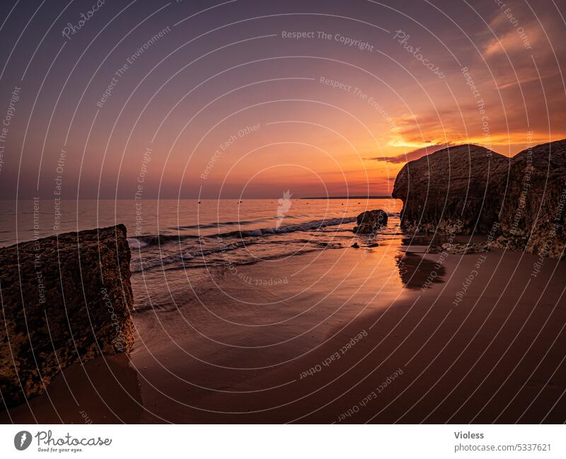 Sunset on the beach of Gale III Portugal Beach gale travel Ocean Atlantic Ocean Rock Cave reflection Waves Algarve