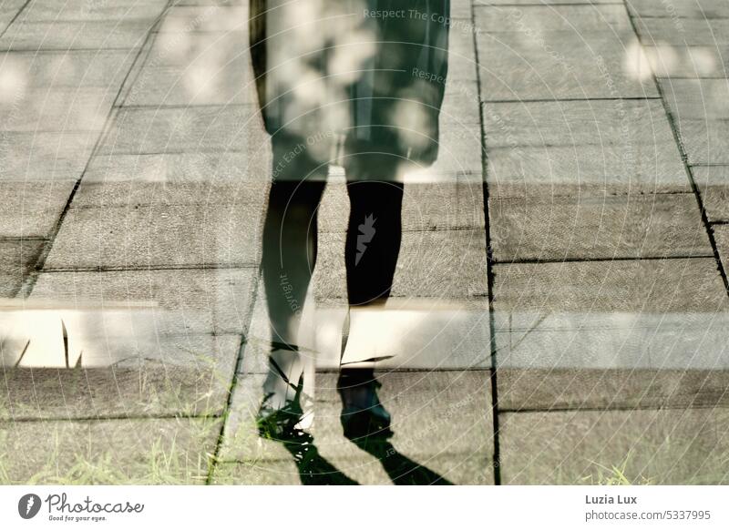 On the streets... The photographer's legs are reflected in the Plexiglas of an underground car park entrance. In transit urban Town Light Reflection Transparent