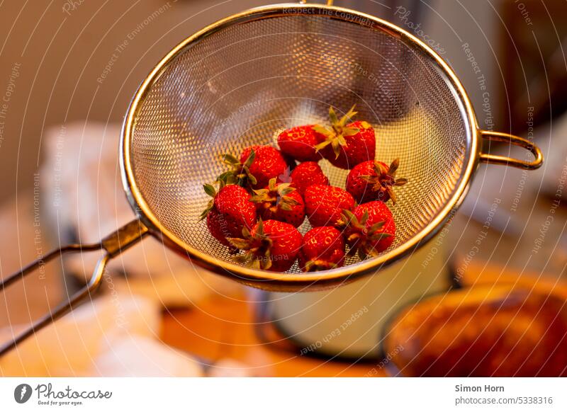 Strawberries in a colander Strawberry strawberry Sieve Kitchen Garden yield self-sufficiency Extend Fresh Red Delicious Mature Juicy Harvest reap Food Summer