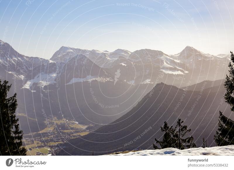 Winter mountain panorama mountains Alps Sunset snow-covered Valley vacation timber line Sky clear Beautiful weather Mountain Snow Peak Nature Landscape