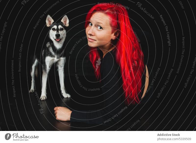 Cheerful woman with Siberian Husky in studio red head dog puppy red hair having fun pet smiling young happy animal domestic friend female owner cute lovely