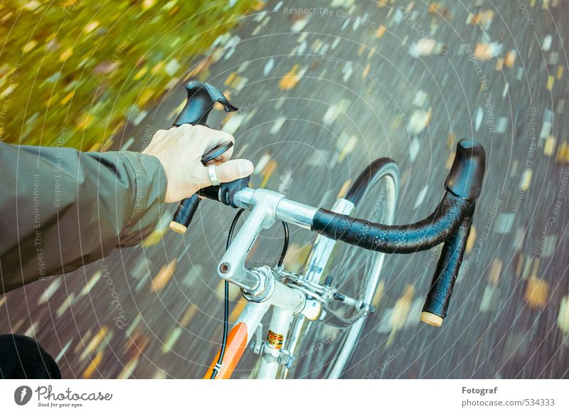 I'm driving. Arm Hand 30 - 45 years Adults Culture Autumn Storm Rain Garden Park Bicycle Metal Sports Hiking Dark Elegant Cold Happiness Enthusiasm Colour photo