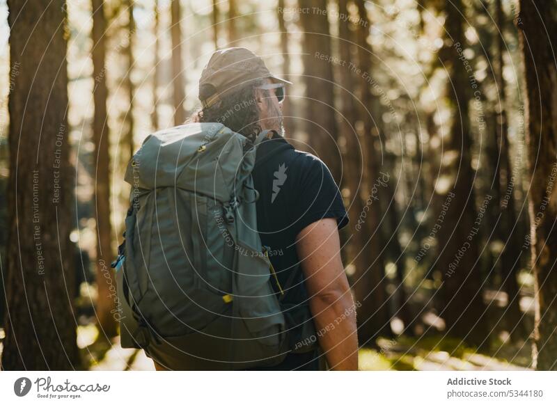 Unrecognizable man walking in forest traveler nature woods hiker trekking lawn tree trip backpack explore tenerife spain journey wanderlust stroll tourism