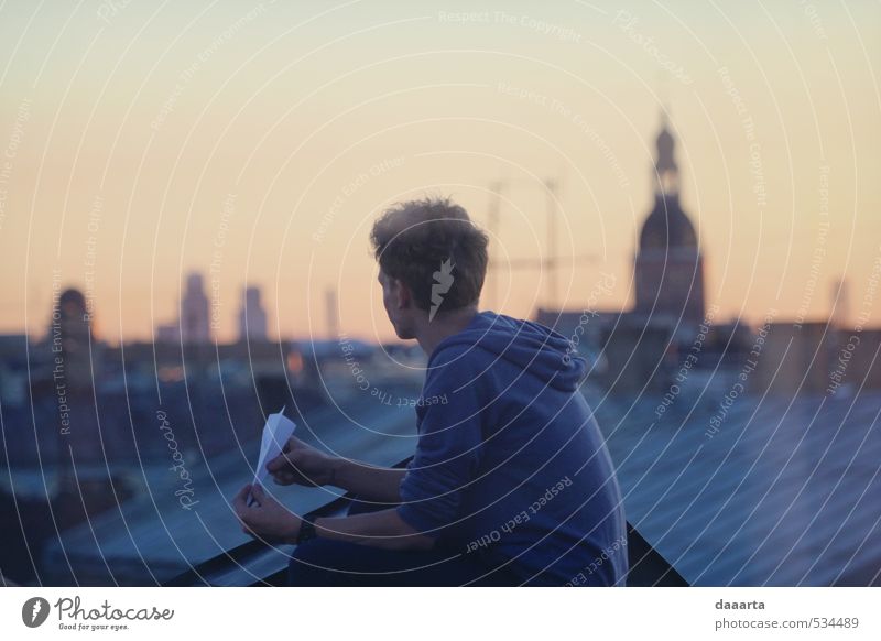 rooftops Trip Adventure Freedom Summer Masculine Young man Youth (Young adults) Man Adults 1 Human being Sunrise Sunset Riga Latvia Capital city Skyline Roof