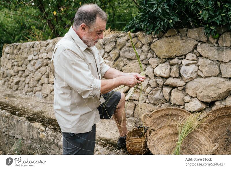 Elderly man using esparto grass while weaving basket weave artisan countryside craft nature focus work concentrate male casual beard fiber serious