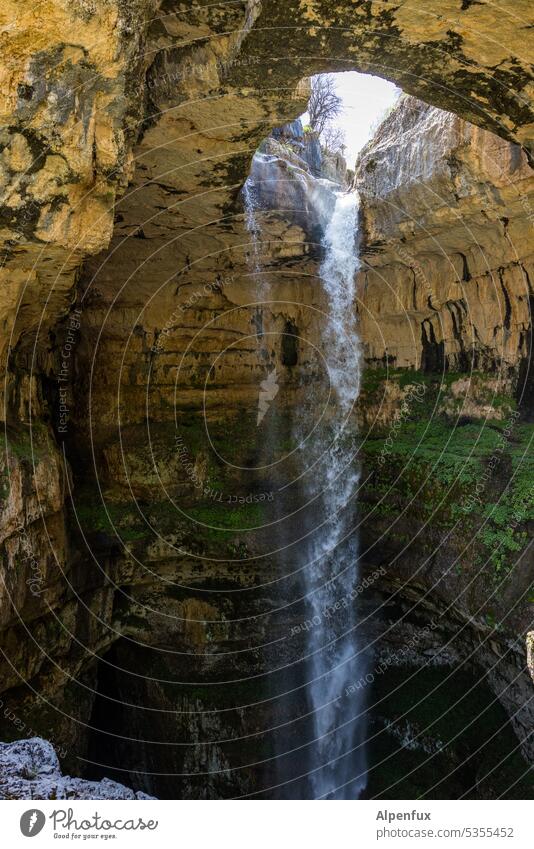 leak I Waterfall Cave Nature Stone Colour photo Rock Flow Exterior shot River Brook Wet naturally Elements Mountain Green Canyon Force Deserted Hissing Wild