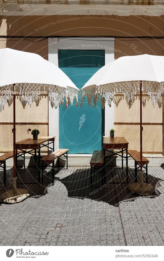 Place in the sun | Old town of Cádiz Spain Cadiz tables parasols Café Gastronomy Restaurant Empty Closed Seating Sidewalk café Table chairs Terrace Tourism