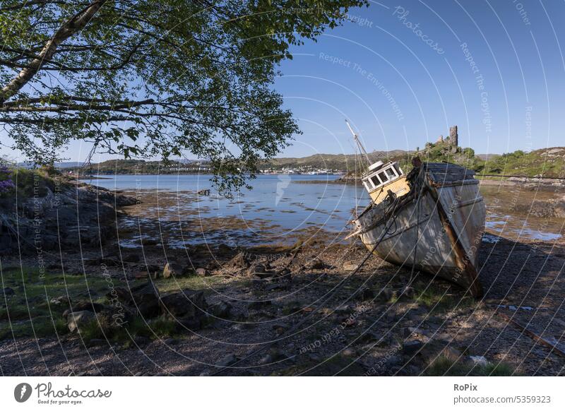 Abandoned fishing boat overlooking Kyle of Lochlash. Scotland Harbour marina scotland Ocean sea Sport boats Fishing boat Port City Crane harbour Maritime