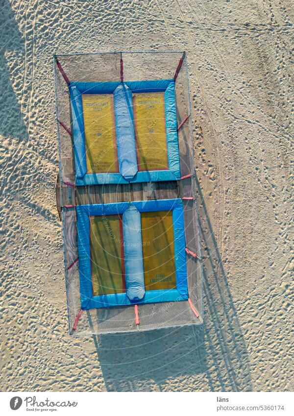 Trampoline on the beach Beach Bird's-eye view Exterior shot throw shadows Deserted Colour photo Sunlight coast Vacation & Travel Summer vacation Sand Tourism