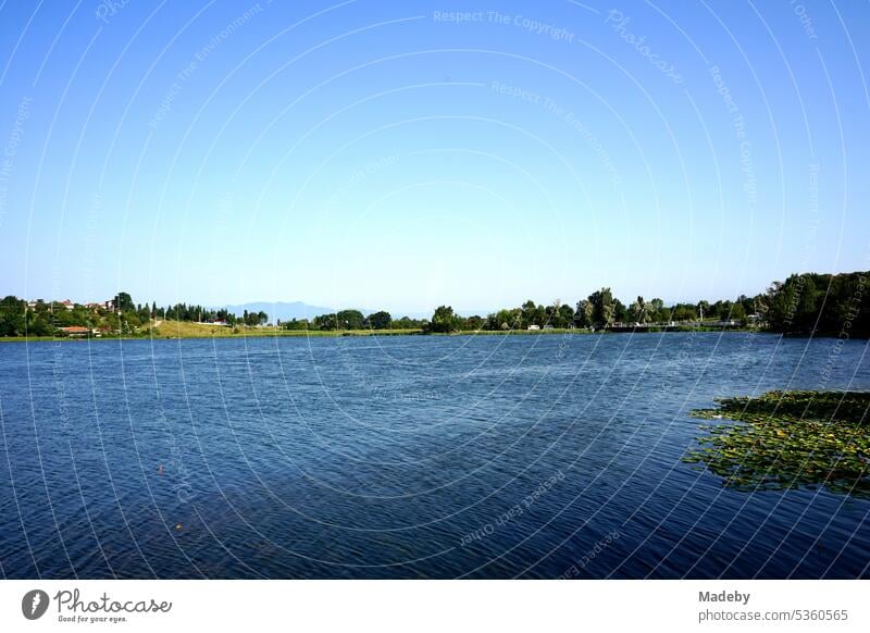 Nature reserve and biotope in summer with blue sky in sunshine with angler at Poyrazlar Gölü near Adapazari in Sakarya province in Turkey Lake Body of water