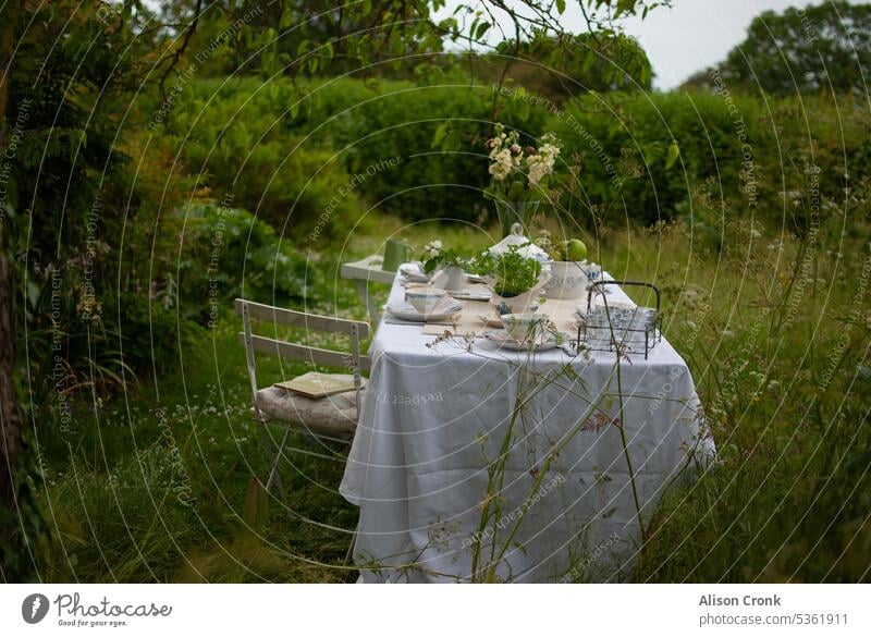 laid table Outdoor dining Outdoors Table setting Table landscape Lunch Eating Meals Dinner feeding Friends for dinner Entertaining white tablecloth rural scene