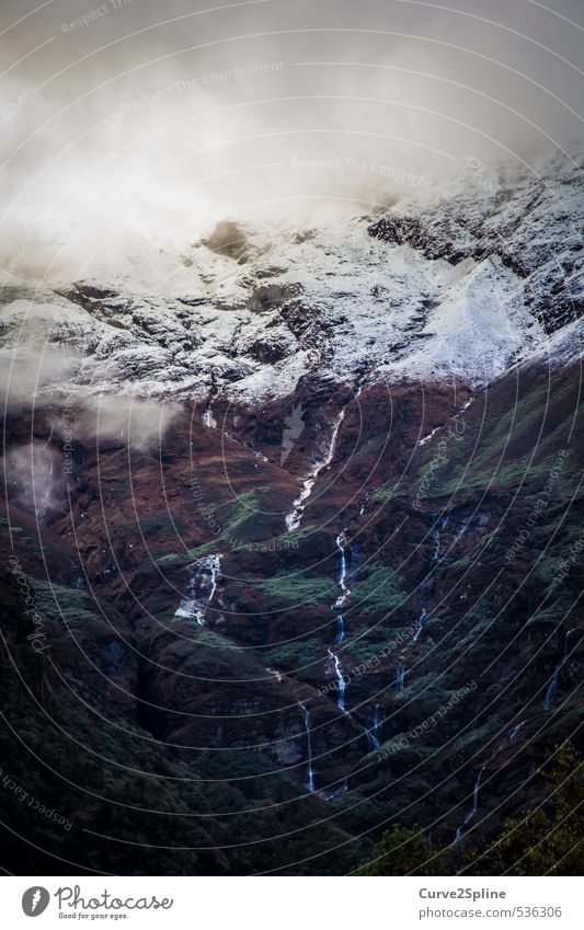 lifeline Nature Elements Water Clouds Fog Snow Mountain Peak Snowcapped peak Brook Waterfall Dark Gigantic Cold Power Beginning Nepal Energy Himalayas