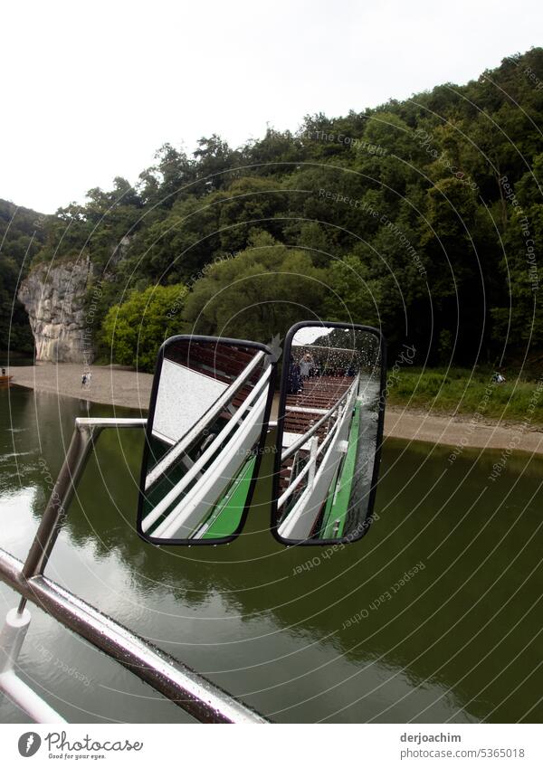 At the narrowest part of the Danube breach at Weltenburg, the ship has two rear-view mirrors outside on the starboard side. reflection Reflection Exterior shot