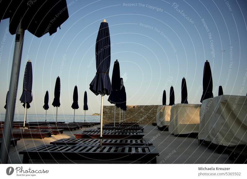 blue, folded, sunshades on hotel beach with wooden deckchairs, morning atmosphere vacation Vacation & Travel Tourism Summer Beach Relaxation coast