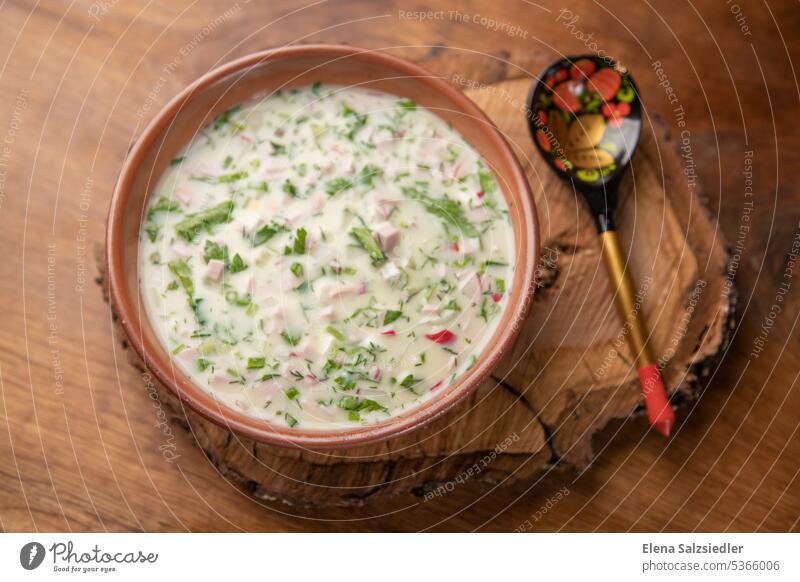 Russian küce - okroshka soup. Russian food Russian culture Russian tradition recipe Tourism Lifestyle wooden spoon chochloma Historic Dish Russian cuisine