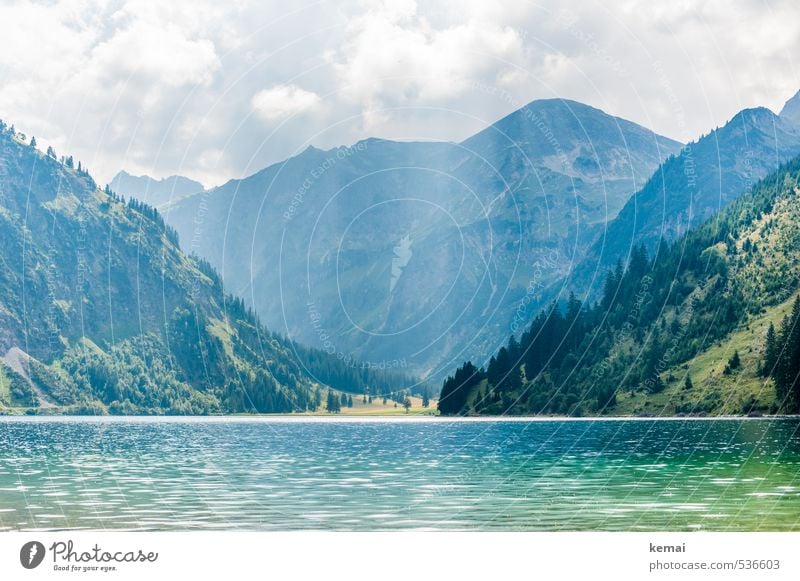 mountain lake Environment Nature Landscape Elements Water Sky Clouds Sunlight Summer Beautiful weather Tree Foliage plant Forest Hill Rock Alps Mountain Peak