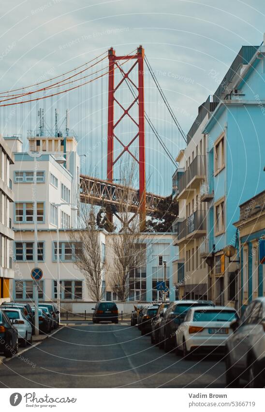 Red Lisbon bridge 25 april. buidings Vacation & Travel Tejo city vacation Portugal Europe Summer journey lisbon sky sunset shore monument river connect travel