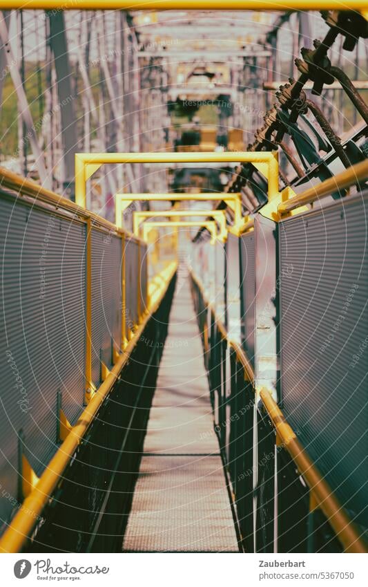 Walkway and perspective through struts and piping on a conveyor bridge Route Overburden conveyor bridge f60 Industry Industrial heritage Lignite Open pit mining