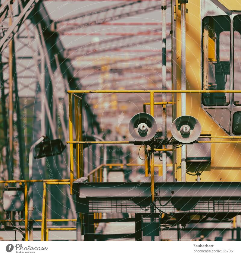 View of struts, loudspeakers and piping on a conveyor bridge movie Loudspeaker announcement Overburden conveyor bridge f60 Industry Industrial heritage Lignite