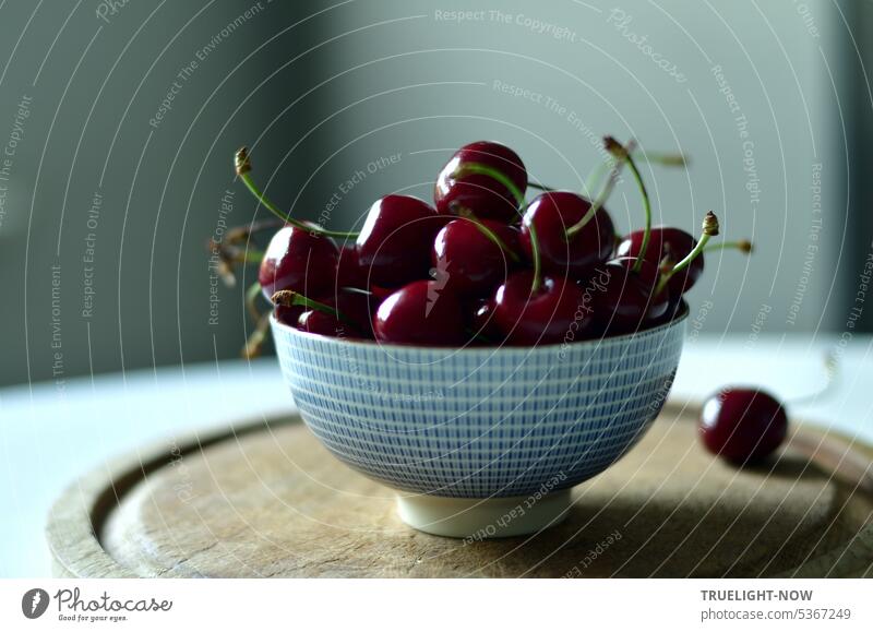 Tea bowl full of cherries on wooden board against white and gray background sweet cherries dark red handle tea bowl Blue-white Tokusa design Wooden board fruit