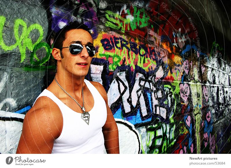 summer Summer Sunglasses Undershirt Man Wall (building) Klagenfurt am Wörthersee Superman Human being Musculature Graffiti Underpass