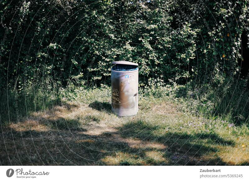 Garbage can stands lonely on lawn in front of bushes waiting for shade dustbin Lonely Lawn Green Shadow rubbish bin waste lid ton Trash Dispose of