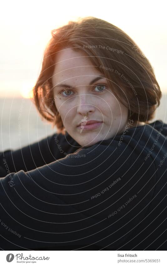 WOMAN - SHORT HAIRED - KISSED BY THE SUN Woman Short-haired Brunette pretty Nose ring sexy Summer Summer vacation Earnest portrait Attractive youthful