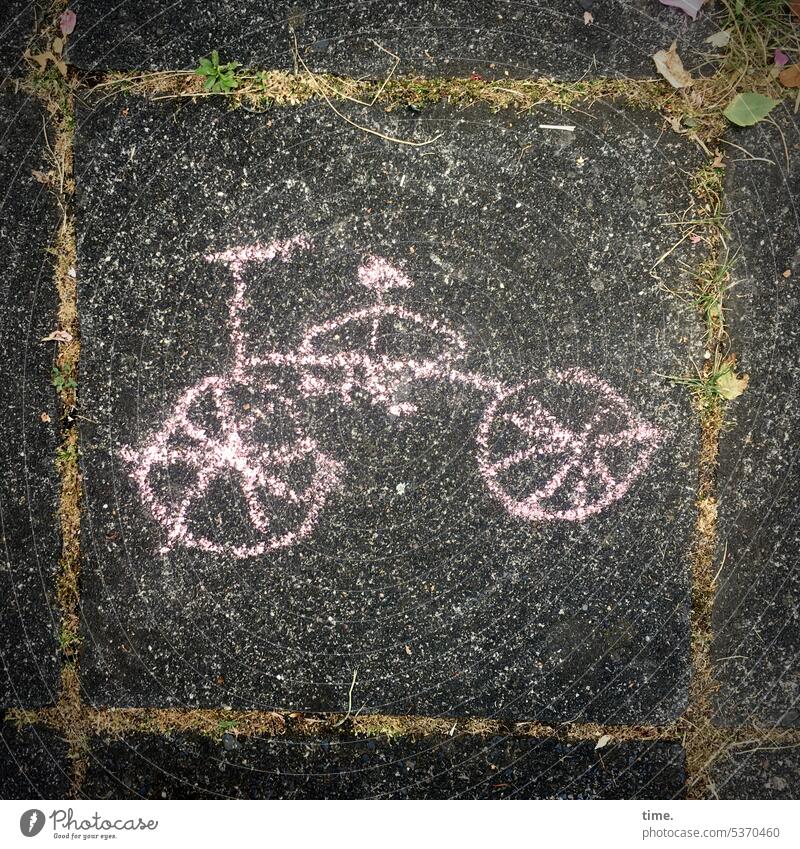 Childhood canvas I Bicycle Drawing Base plate Grass Children's drawing off Concrete tile Bird's eye view graffiti Art Expression Painted Earmarked