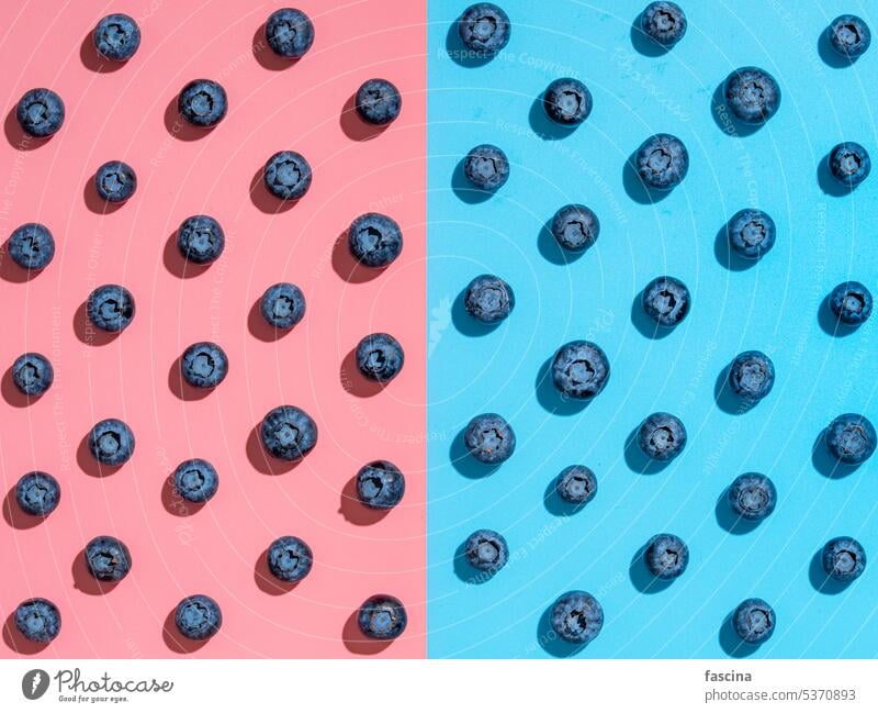 Blueberry pattern on pink and blue background blueberry pattern concept flat lay creative superfood top view minimalistic blueberries two colors top-down