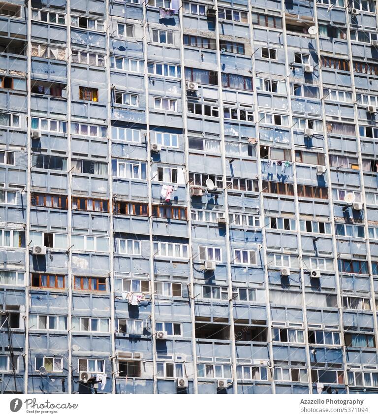 Residential building facade full frame view. apartment architecture attraction background block blue business city construction district dormitory downtown