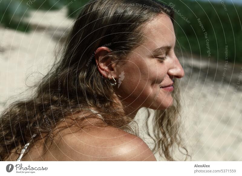 side portrait of young beautiful brunette smiling woman with dimples in bikini on beach warm Summery Beautiful weather proximity Day Self-confident Youthfulness