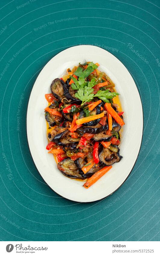 Hot spicy stew eggplant. saute sauce aubergine vegetable food ragout stewed braised flat lay vegetarian pepper caponata green lunch healthy vegan asian fried