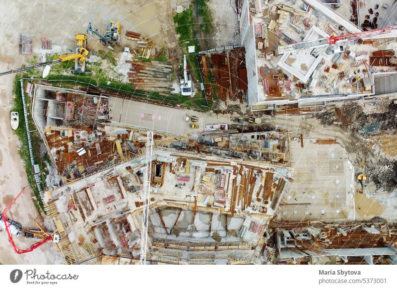 Aerial drone view of construction site of new modern building. Housing for a mortgage. Loan to construction of real estate. house architecture work truck