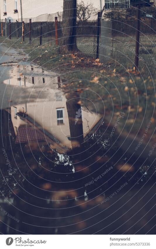 Reflection of a house in a puddle of rain reflection House (Residential Structure) Rain puddle Water Building Architecture Street Mirror image Precipitation