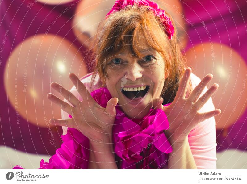 Glamour in pink Birthday celebration Party Long-haired fortunate muck about roses Hair accessories Hipster Head Hair and hairstyles Face portrait Smiling