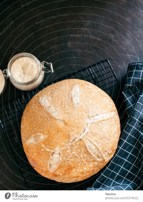 Wheat round sourdough bread, copy space, top view sourdoug bread wheat bread breadmaking homemade bread tasty delicious starter black background concept