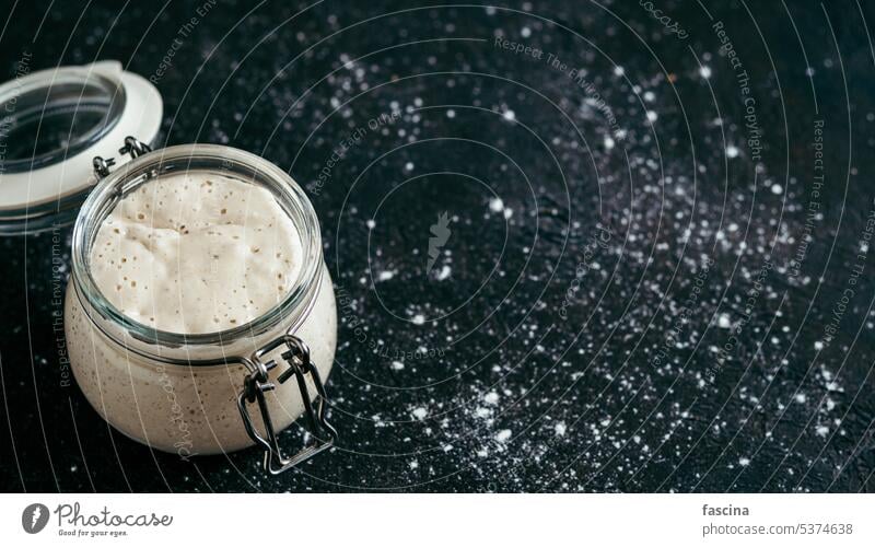 Wheat sourdough starter, copy space sourdoug starter dough ingredient sour dough bake baking being baked bread making manufacture breadmaking bread-making dark