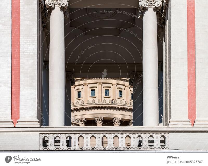 Through the balcony of the palace you can see the tower of the classicist church in the background Architecture Classic classicistic symmetric Symmetry