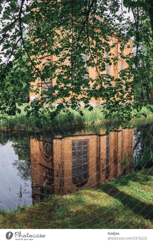 Reflection of a church in a stream in the park Church reflection Reflection in the water St. Helena and Andrew Ludwigslust Water Nature Exterior shot Lake Calm